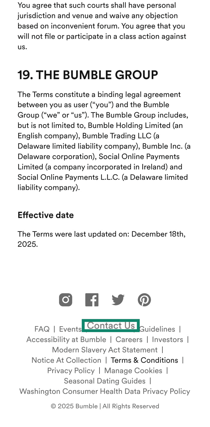 Bumble Terms and Conditions page showing