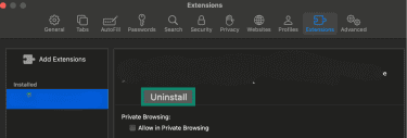 Safari Extension with Uninstall highlighted.