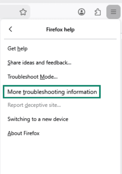 "More troubleshooting information" option highlighted in Mozilla Firefox.