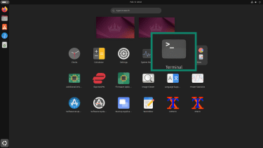 The Ubuntu application menu with the Terminal icon highlighted for selection.