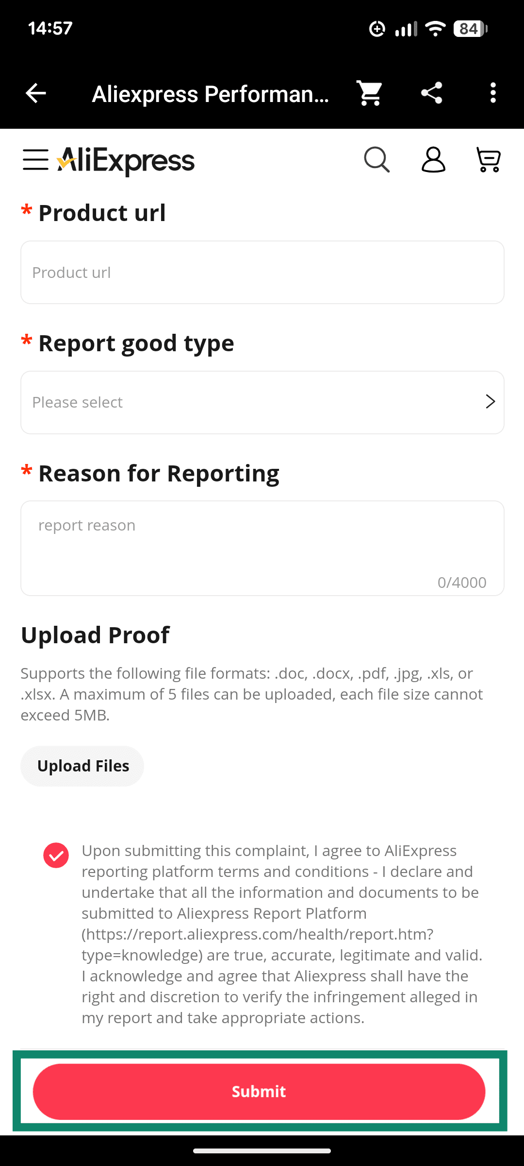 The AliExpress Report Store page, showing the Submit button.