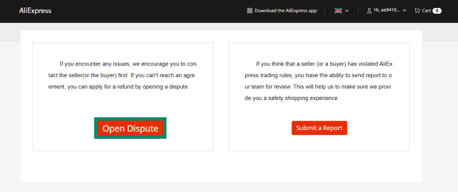 The AliExpress Disputes & Reports page, showing the Open Dispute button.