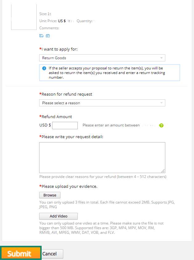 The Open Dispute page on AliExpress, showing the Submit button.