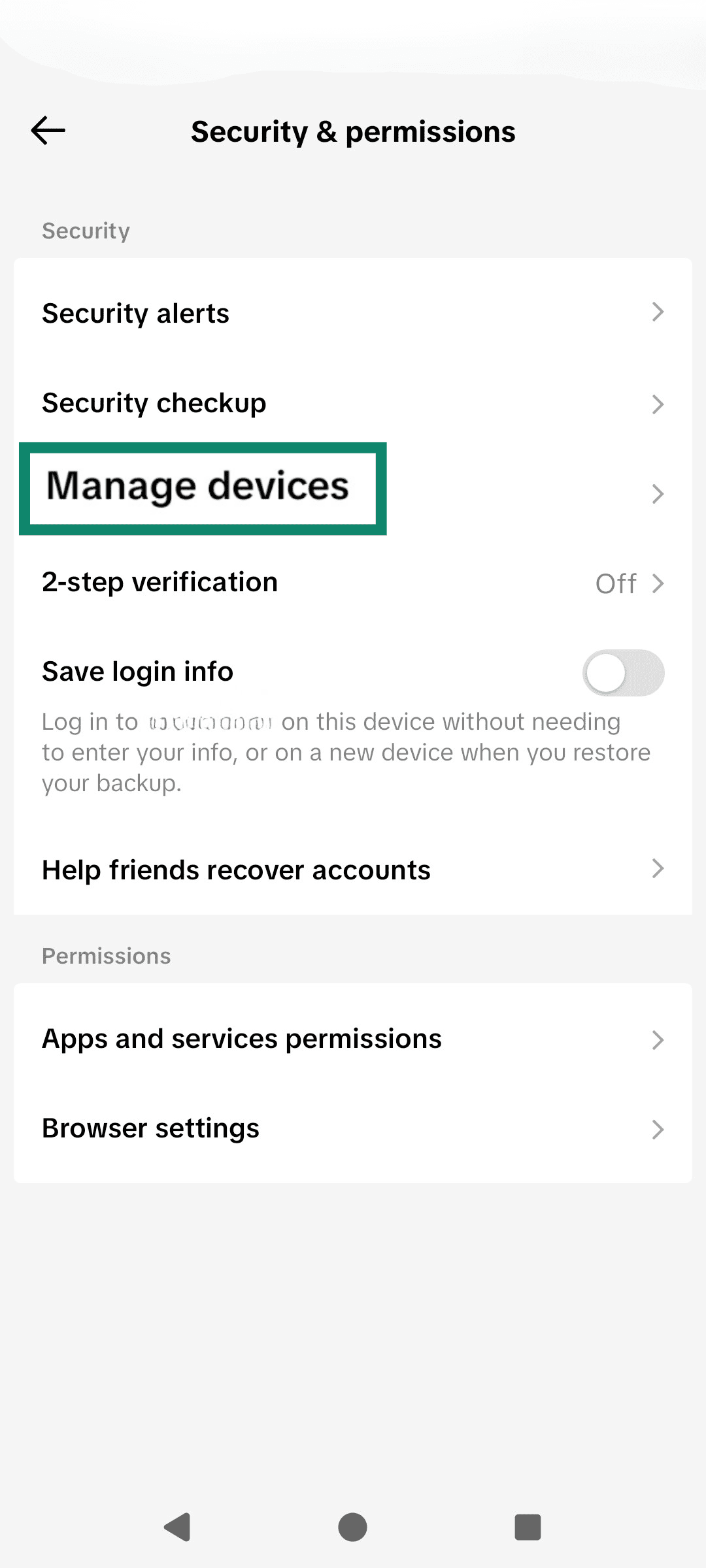 The TikTok Security & permissions page, emphasizing the Manage devices tab.