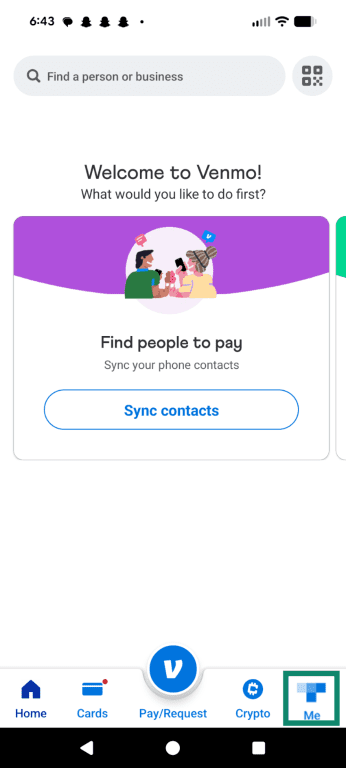 Venmo UI welcome screen on mobile showing the Me tab