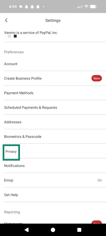 Privacy category listed in the Venmo Settings menu on mobile
