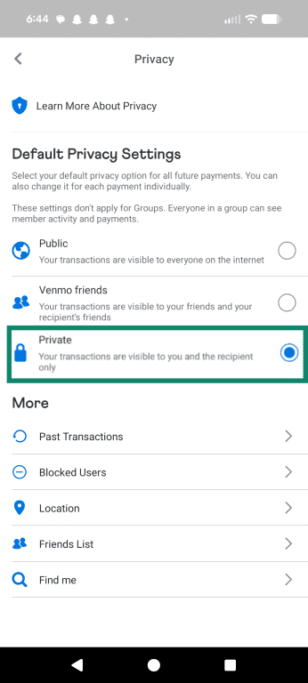 Venmo UI privacy menu, highlighting how to find the Private radio button
