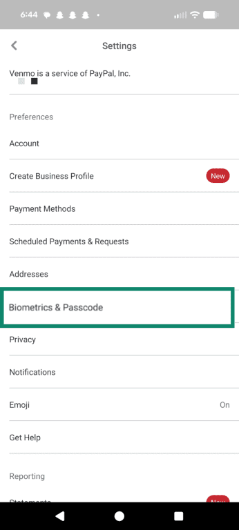 Biometrics and Passcode option in the Venmo settings menu