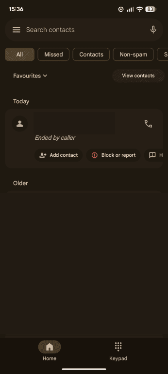 A screenshot of the recent calls page on the Android Phone app.