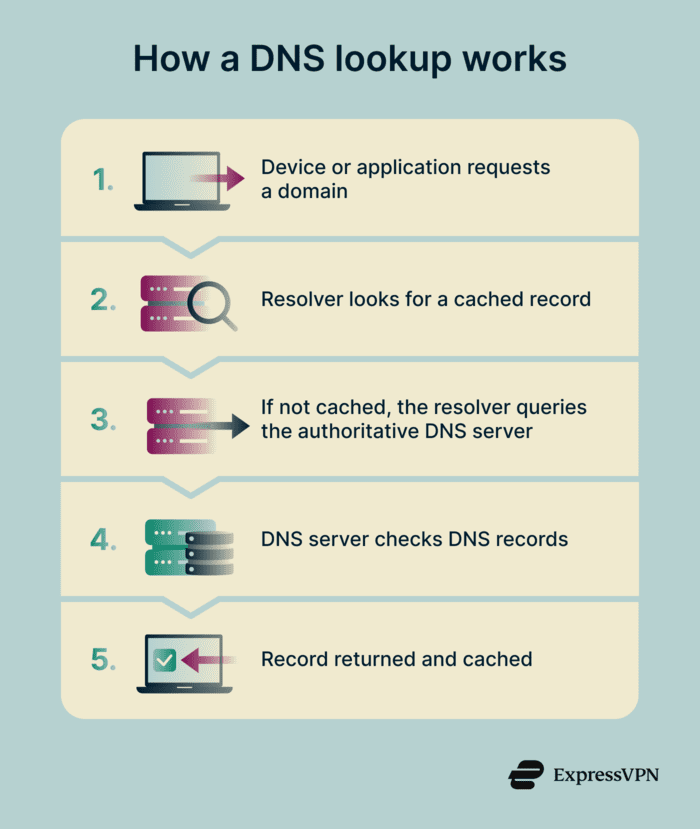 Flow diagram showing a DNS lookup process