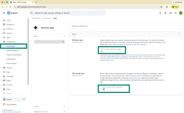 Google admin console showing Gemini apps and selecting to switch Workspace apps or other Google apps on or off.