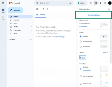 See all settings button in the Quick settings menu on Gmail desktop