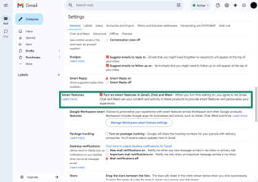 Smart features option in the General settings tab in Gmail desktop