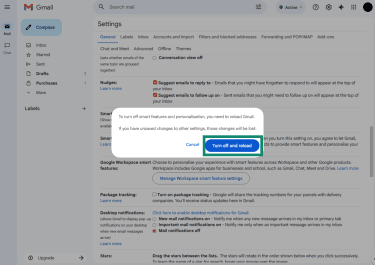 Turn off and reload option selected on Gmail desktop settings