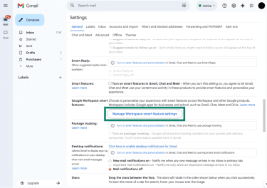 Manage Workspace smart features option in the General settings tab in Gmail desktop
