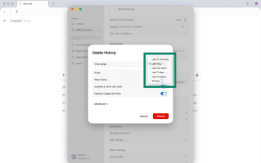How to choose the preferred time range when deleting browser history in ChatGPT Atlas