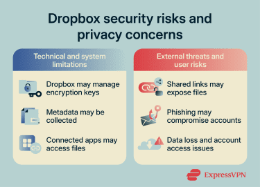 An infographic showing Dropbox security risks grouped into system limitations and external threats.