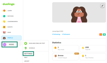The Duolingo browser page with the More and Settings options highlighted.