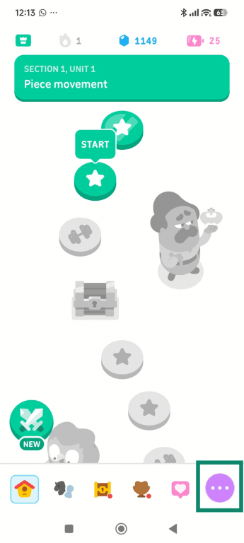The Duolingo Android app main page, with the menu button highlighted.