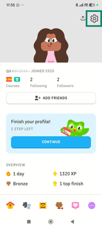 The Dupligo profile page, with the Settings gear highlighted.