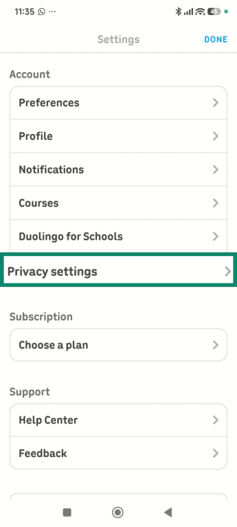 The Duolingo user profile menu is open with Privacy Settings selected.