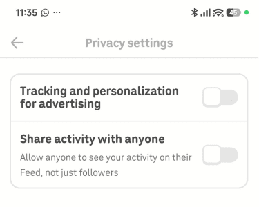 The Duoligo privacy settings disabled tracking and sharing with friends.