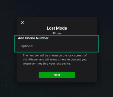 Apple Lost Mode, highlighting the phone number field and Next button.