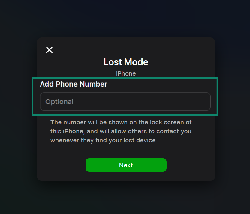 Apple Lost Mode, highlighting the phone number field and Next button.