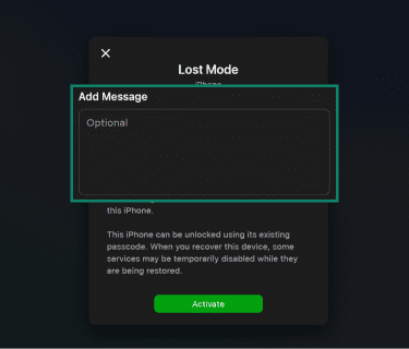 Apple Lost Mode, highlighting the message field and Activate button.