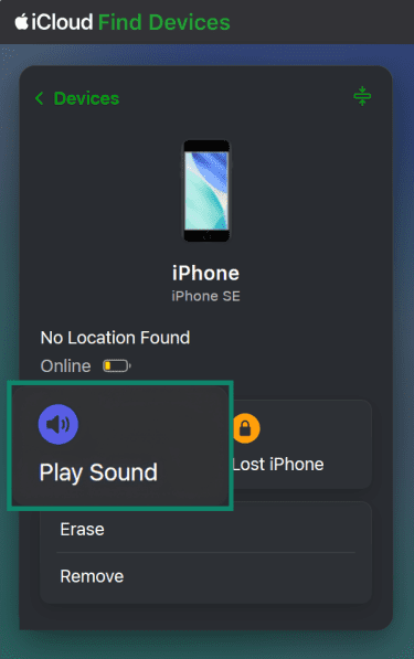 iCloud Find Devices, highlighting the Play Sound button.