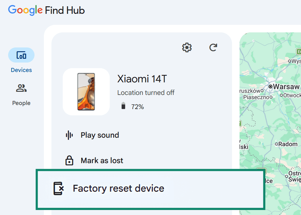 Google Find Hub, highlighting the Factory reset device option.
