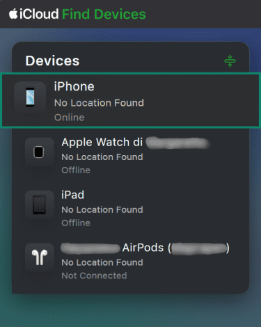 iCloud Find Devices list, highlighting an iPhone.