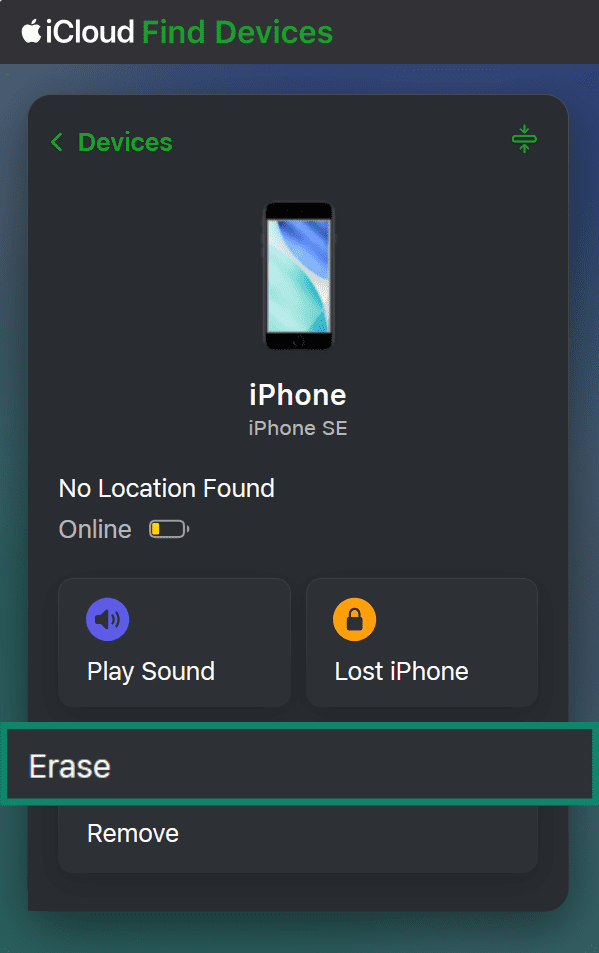 iCloud Find Devices, highlighting the Erase option.