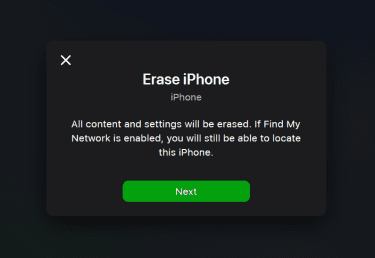 Apple Erase iPhone screen, highlighting the Next button.