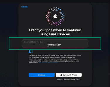 Apple Find Devices login page to confirm erase, highlighting the email field.