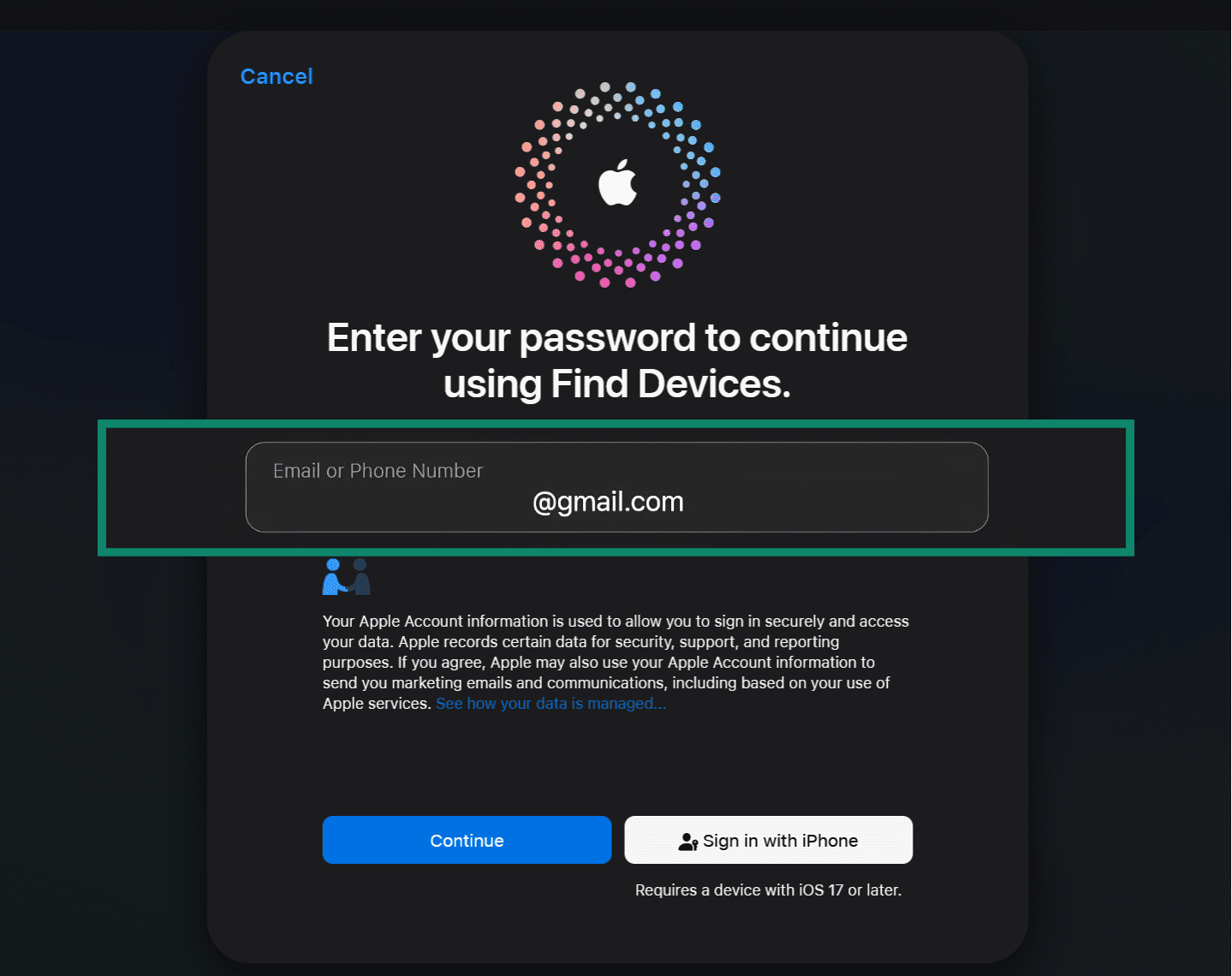 Apple Find Devices login page, highlighting the email field.