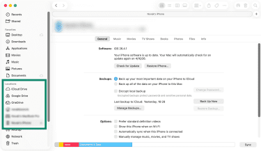 Windows' Apple Devices app interface, showing a connected iPhone.