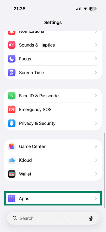 iPhone settings, with the Apps option highlighted.
