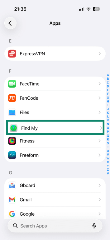 iPhone Apps list, with the Find My option highlighted.