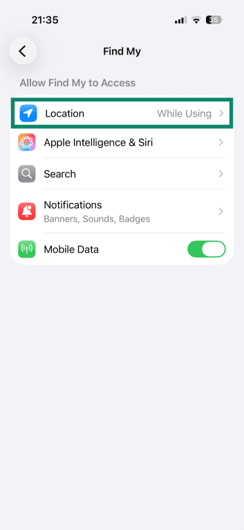 iPhone Find My app settings, with the Location option highlighted.