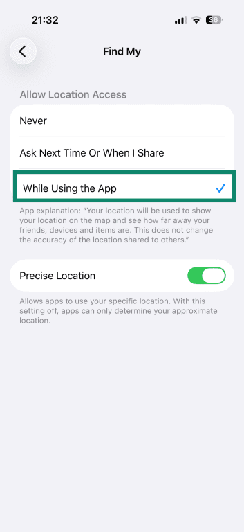 iPhone Find My app settings, with the While Using the App option selected.