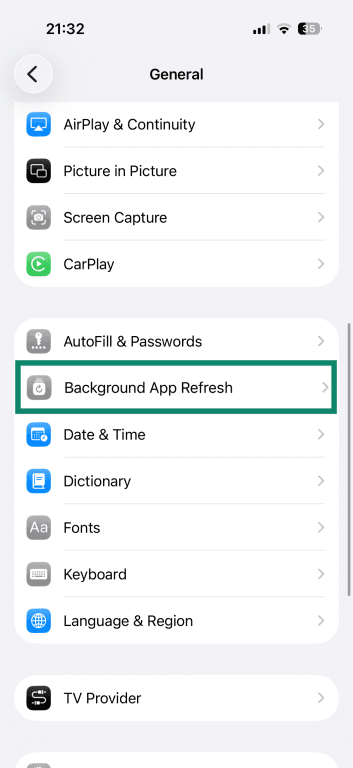 iPhone General settings, with the Background App Refresh option highlighted.