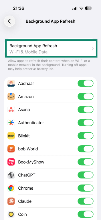 iPhone Background App Refresh settings, with the Background App Refresh option highlighted.