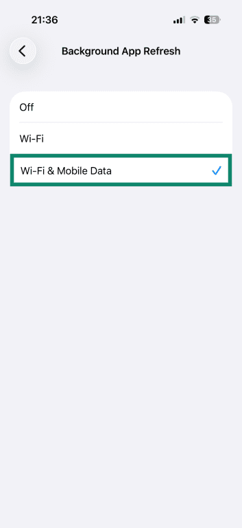 iPhone Background App Refresh settings, with the Wi-Fi & Mobile Data option highlighted.