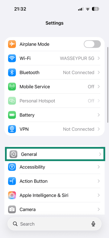 iPhone settings, with the General option highlighted.