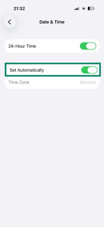 iPhone Date & Time settings, with the Set Automatically option toggled on.