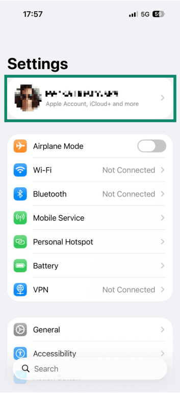Settings menu on an iPhone, highlighting the user section.