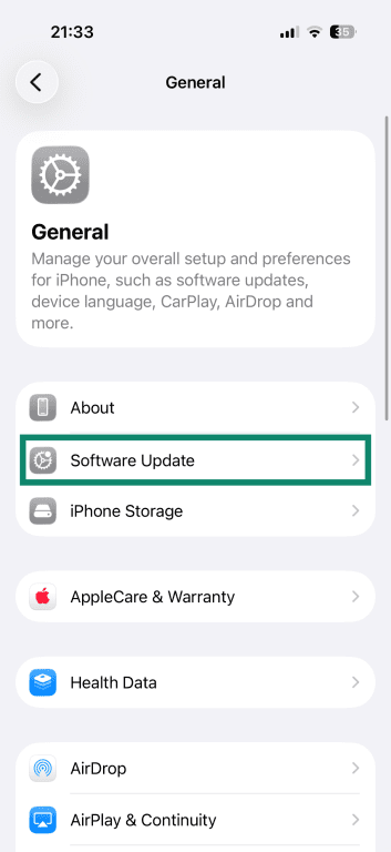 iPhone General settings, with the Software Update option highlighted.