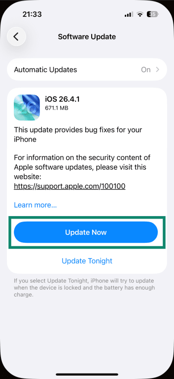 iPhone Software Update settings, with the Update Now option highlighted.
