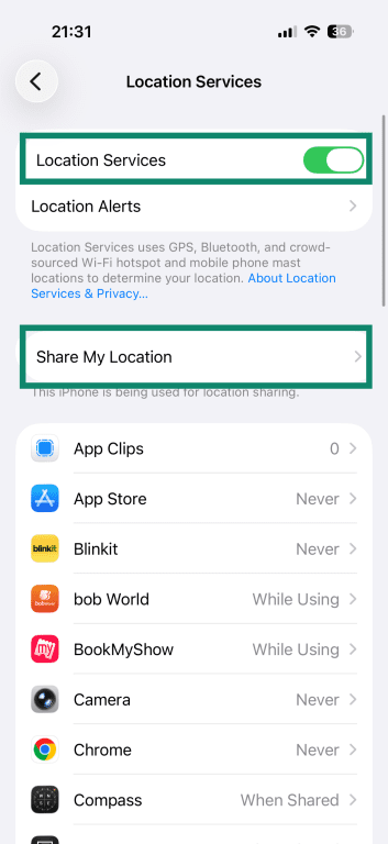 iPhone Location Services settings, with the Location Services option toggled on.